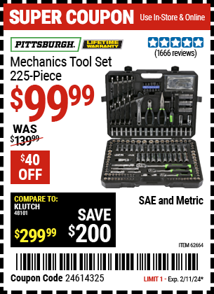 PITTSBURGH: Mechanics Tool Set, 225 Piece - coupon