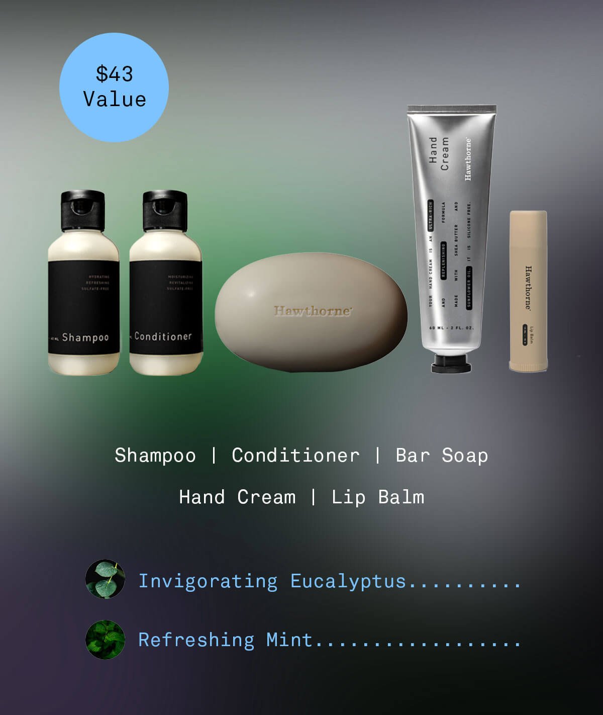 \\$43 Value Shampoo | Conditioner | Bar Soap | Hand Cream | Lip Balm Invigorating Eucaluptus........... Refreshing Mint..................