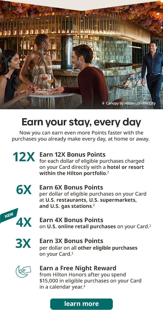  Earn your stay, every day. Now you can earn even more Points faster with the purchases you already make every day, at home or away. LEARN MORE. 