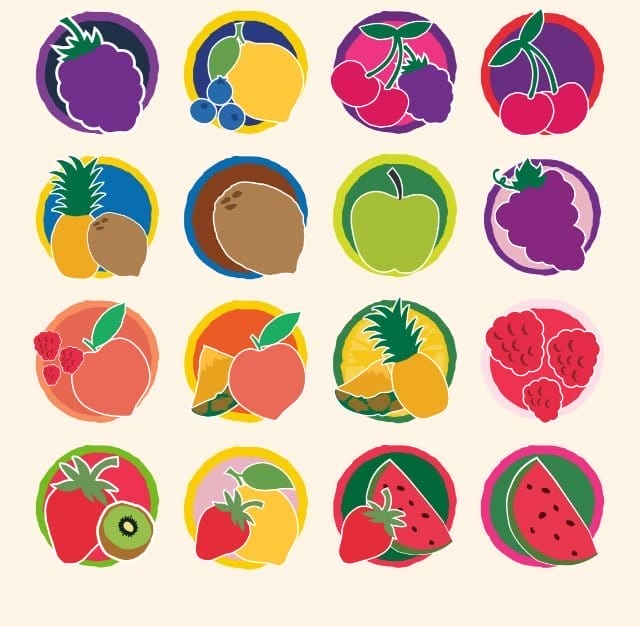 16 flavors of Hint illustrated with fruit