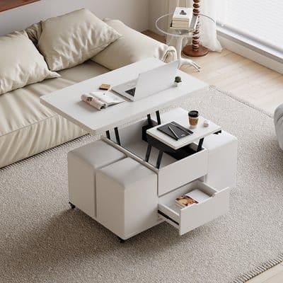 Modern White Lift Top Coffee Table 4 in 1 with Storage Ottoman Foldable and Casters | Homary 
