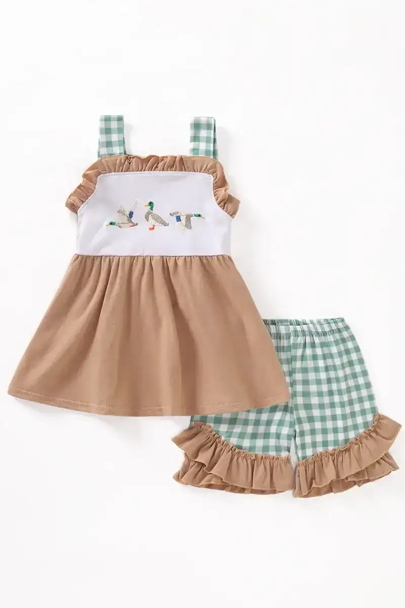 green-duck-embroidery-plaid-girl-set