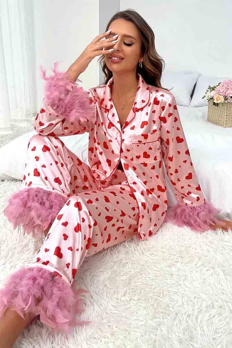 pink-valentines-day-heart-print-fur-trim-pajamas-set-for-women