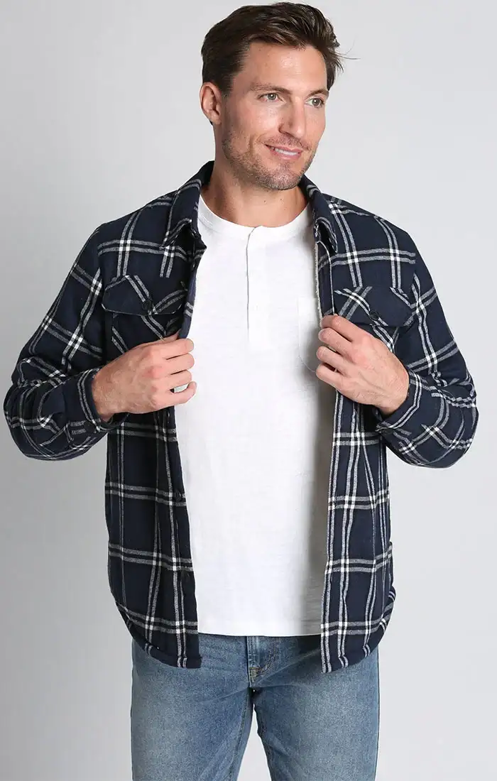 Image of Dark Blue Sherpa Lined Flannel Shirt Jacket