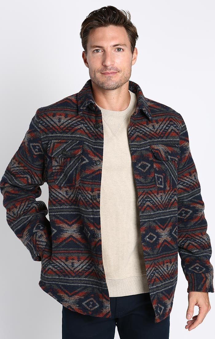 Image of Navy Aztec Sherpa Lined Wool Blend Jacket