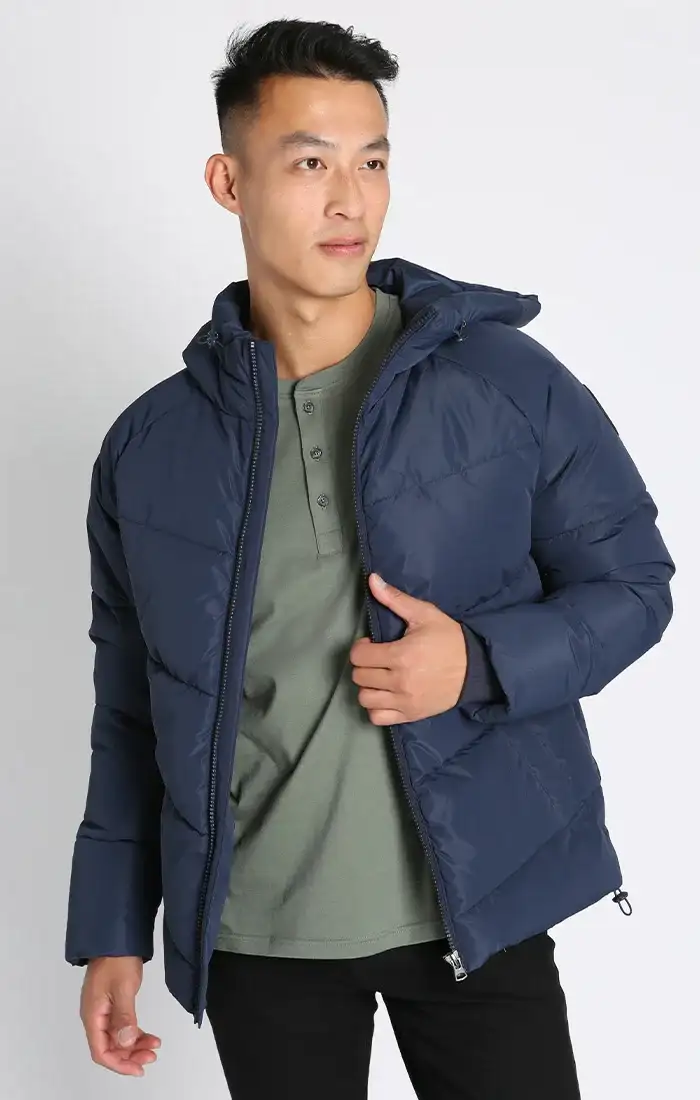 Image of Navy Quilted Hooded Puffer Jacket