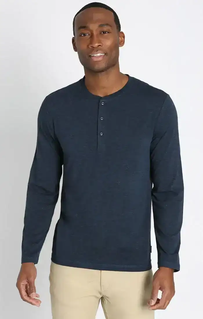 Image of Indigo Stretch Long Sleeve Poly Viscose Henley