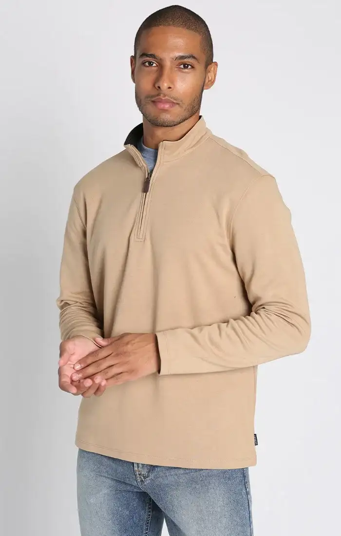 Image of Camel Quarter Zip Cotton Modal Pullover