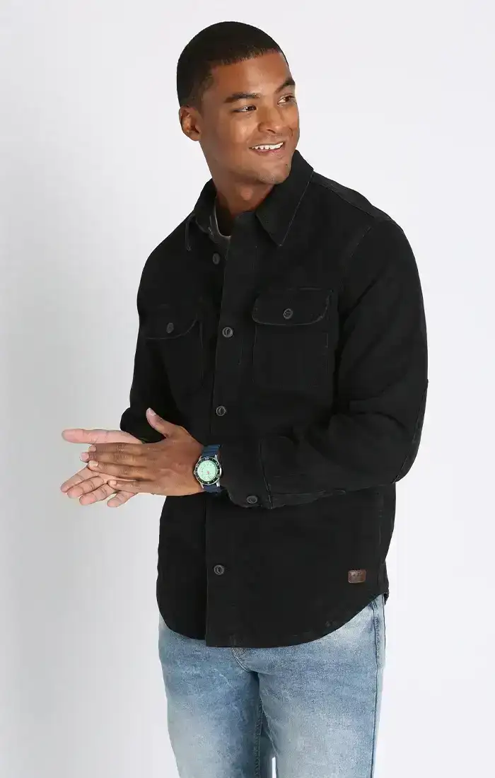 Image of Jet Black Stretch Flannel Lined Denim Jacket