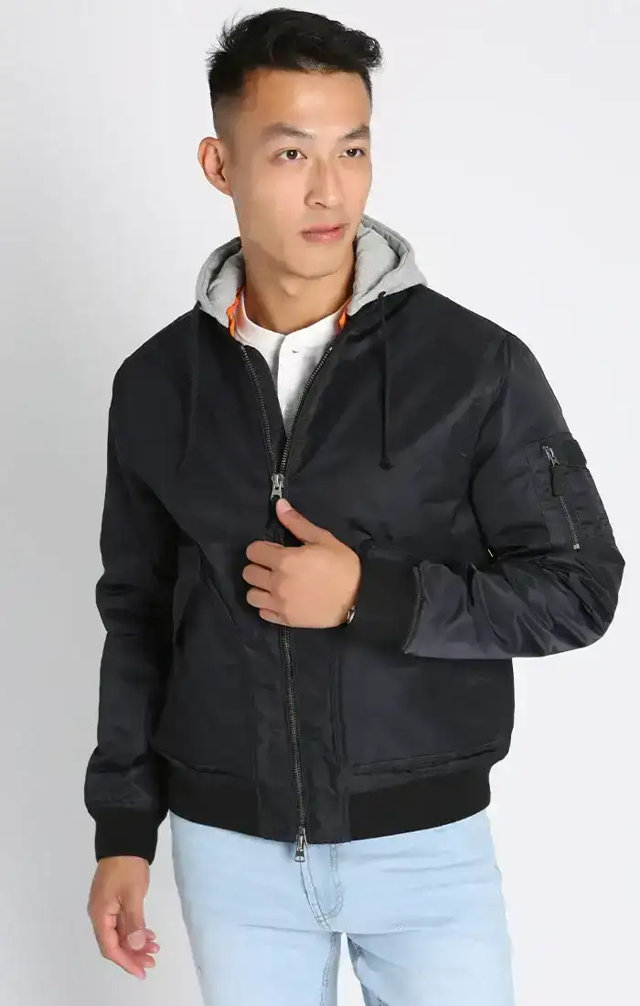 Image of Black Hooded Bomber Jacket