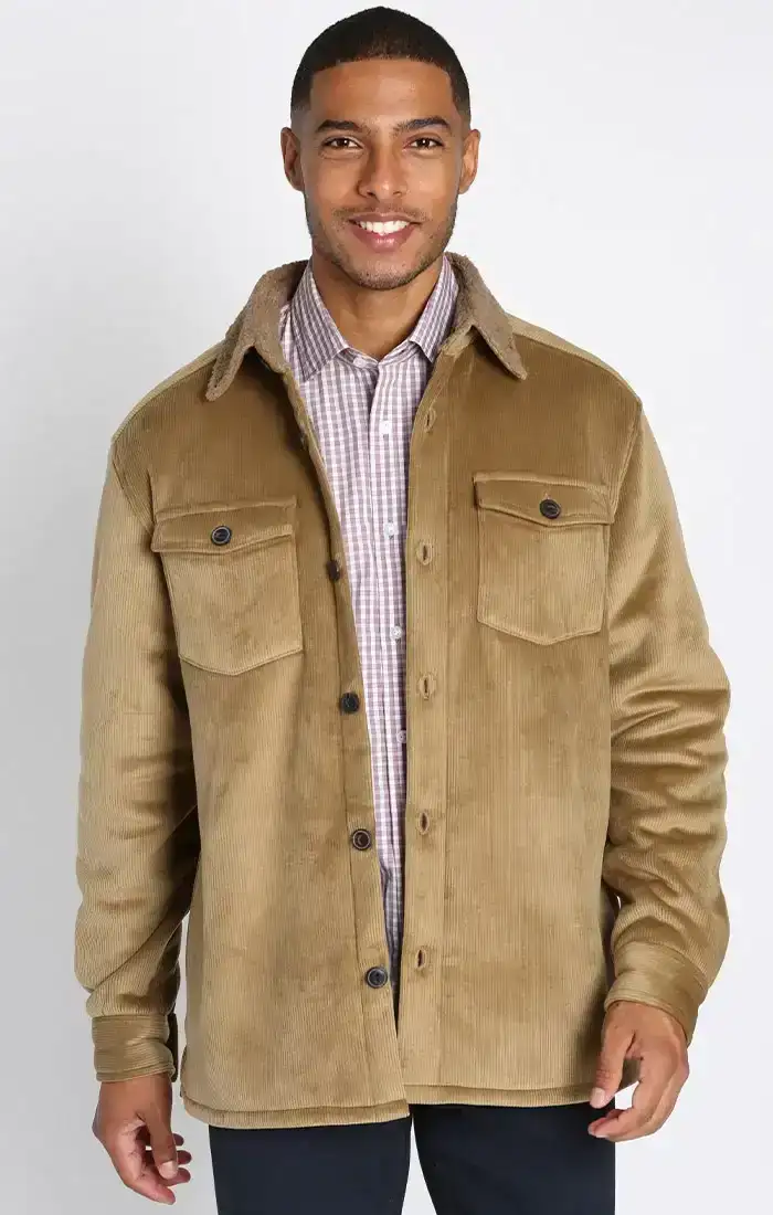 Image of Khaki Sherpa Bonded Plush Corduroy Overshirt