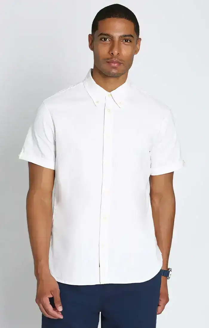 Image of White Stretch Chambray Short Sleeve Shirt