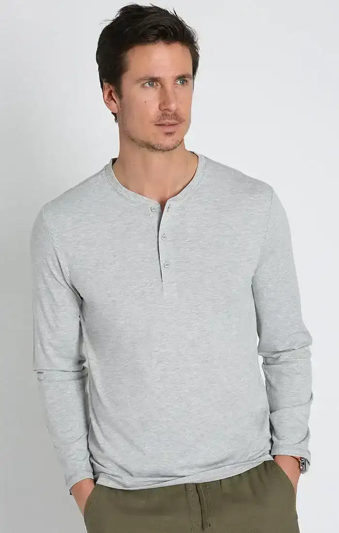 Image of Grey Stretch Long Sleeve Poly Viscose Henley