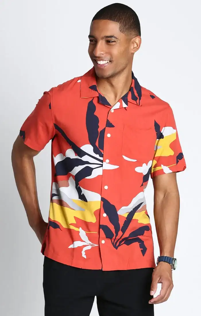 Image of Orange Tropical Print Rayon Short Sleeve Camp Shirt