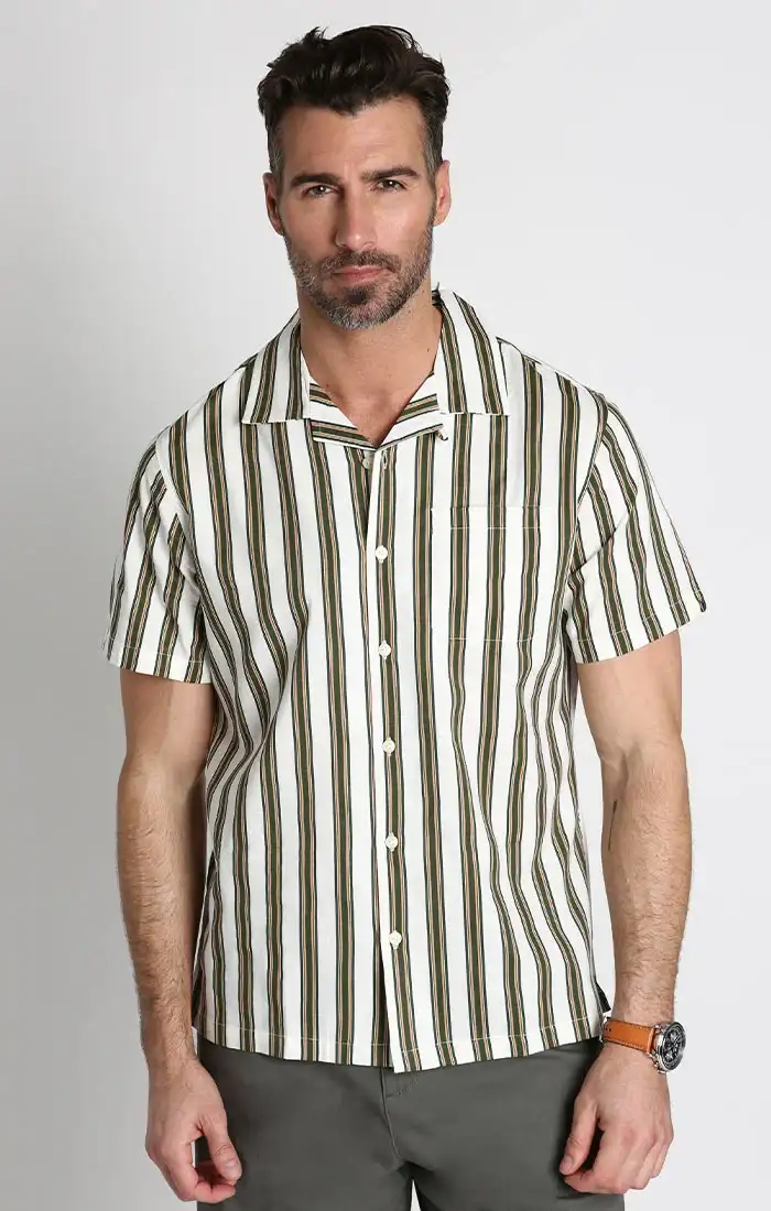 Image of White and Green Stripe Short Sleeve Rayon Camp Shirt