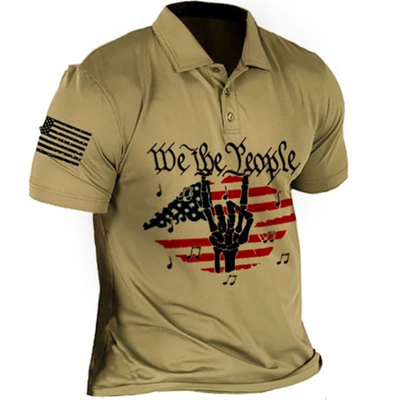 Men's Vintage USA Flag We The People Print Patriotic Polo Shirt