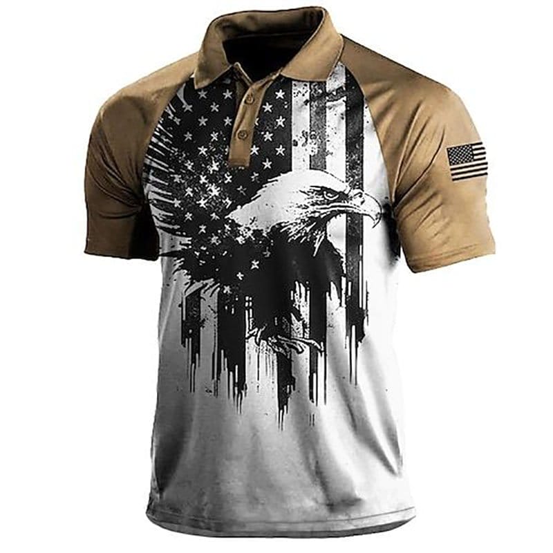 Men's Retro Eagle American Flag Print Raglan Sleeve Polo Shirt