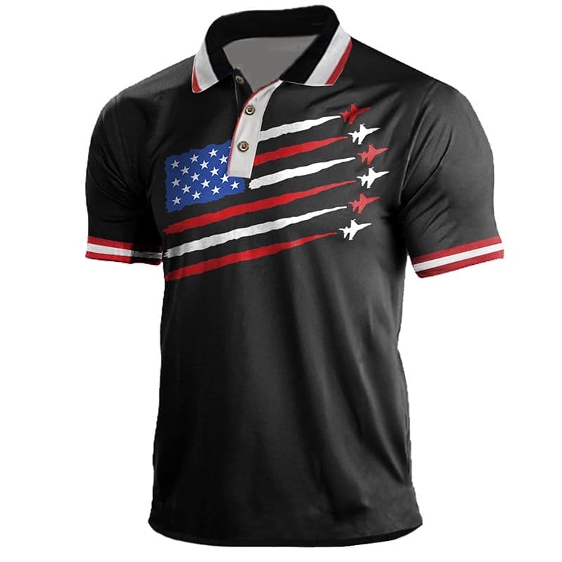 Men's Retro American Flag Fighter Print Short Sleeve Polo Shirt