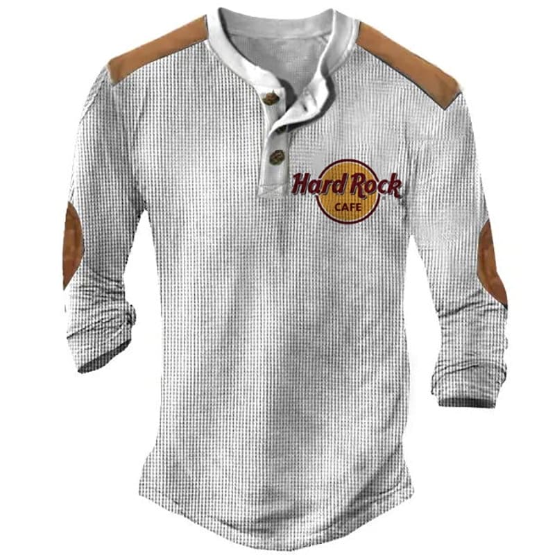 Men's Retro Hard Rock Cafe Print Long Sleeve Henley Shirt