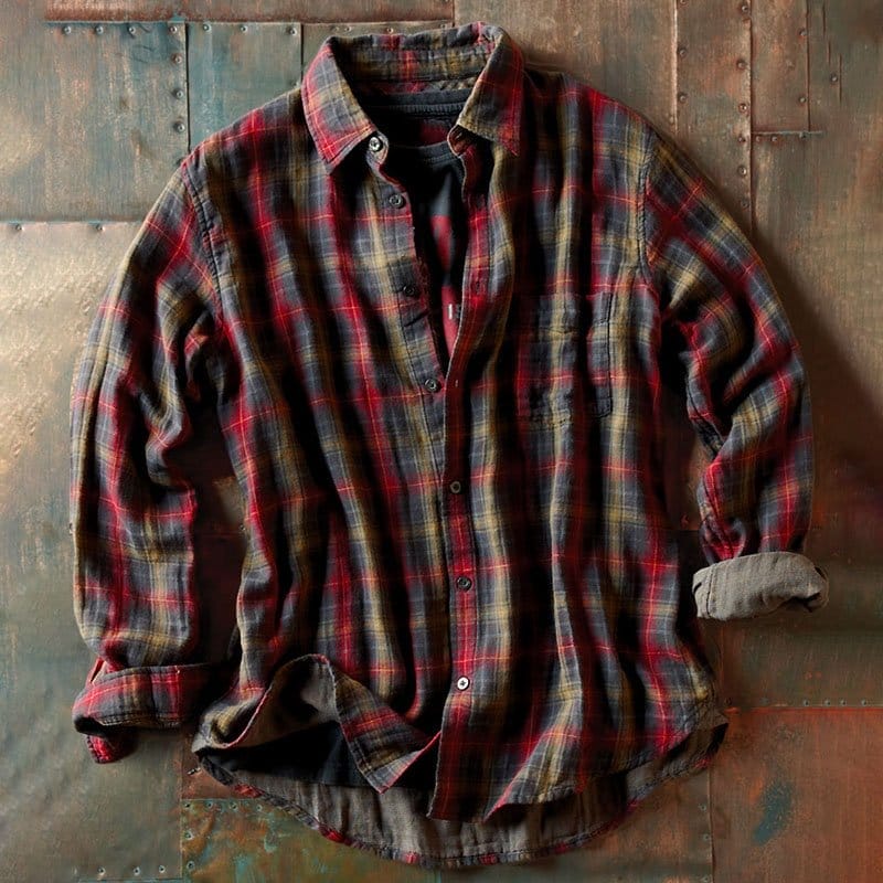 Men's Retro Plaid Turndown Collar Button Long Sleeve Shirt