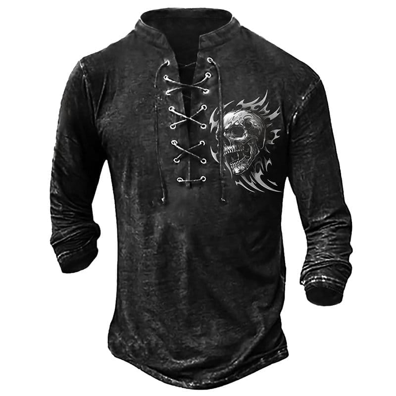 Men's Vintage Lace-Up Skull Graphic Long Sleeve Shirt