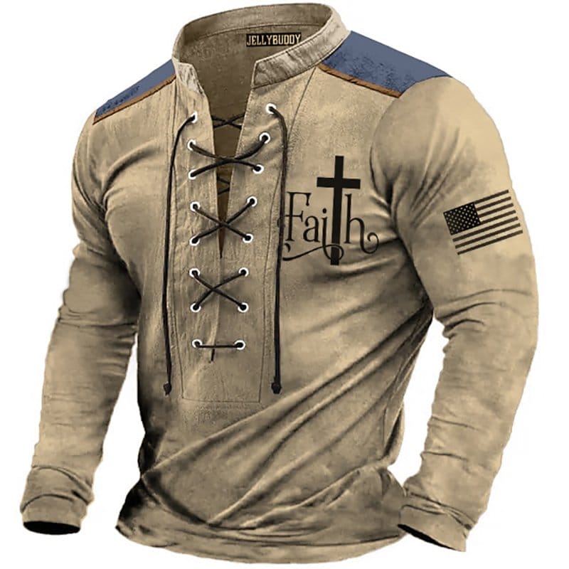 Men's Vintage Faith Flag Print Lace Up Long Sleeve Shirt