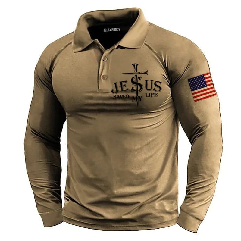 Men's Vintage JESUS Saved My Life Flag Print Long Sleeve Polo Shirt