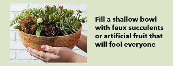 Fill a shallow bowl with faux succulents or artificial fruit that will fool everyone.