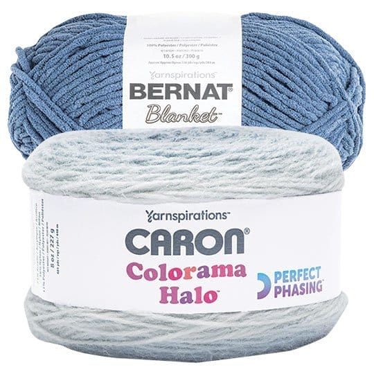 Bernat Blanket, Caron Colorama Halo, and Halo Frosted Yarn