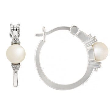 White Cultured Freshwater Pearl and White Zircon Rhodium Over Sterling Silver Hoop Earrings