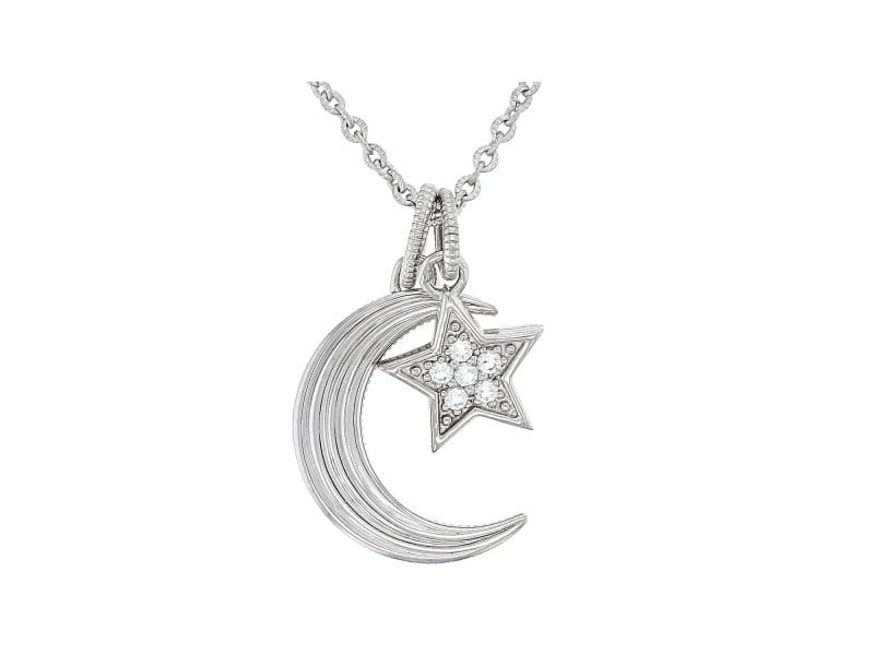 Judith Ripka 0.12ctw White Topaz Rhodium Over Sterling Silver Moon and Star Pendant Necklace