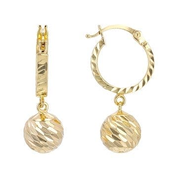 14k Yellow Gold Diamond-Cut Ball Dangle Hoop Earrings