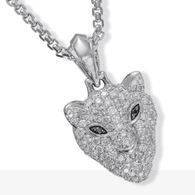 Men's Black & White Diamond Panther Necklace 7/8 ct tw Round-cut 10K White Gold 22''