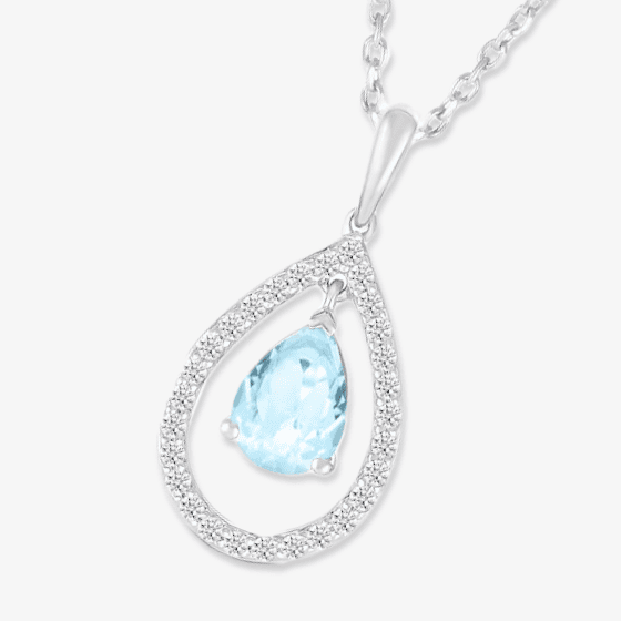 Pear-Shaped Aquamarine & Diamond Halo Necklace 1/6 ct tw 10K White Gold 18''