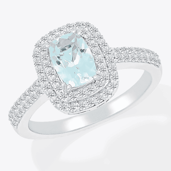 Cushion-Cut Aquamarine & White Lab-Created Sapphire Double Halo Ring Sterling Silver