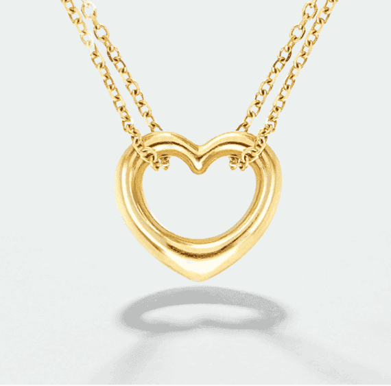 Puffed Open Heart Double Chain Necklace 10K Yellow Gold 18''