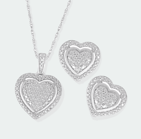 Diamond Heart Necklace & Stud Earrings Set 1/4 ct tw Sterling Silver