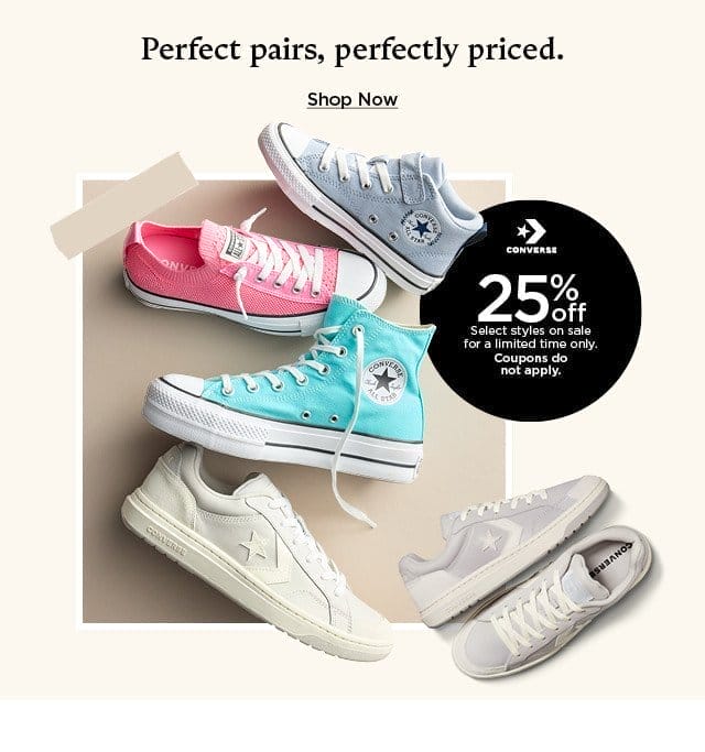 25% off select converse styles on sale for a limited time only. coupons do not apply. shop now.