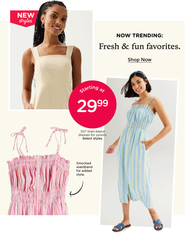 starting at \\$29.99 so linen dresses for juniors. select styles. shop now.