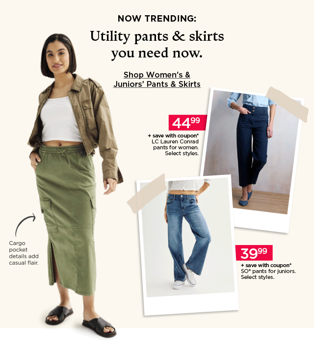 now trending: utility pants and skirts you need now. shop women's and juniors' pants and skirts.