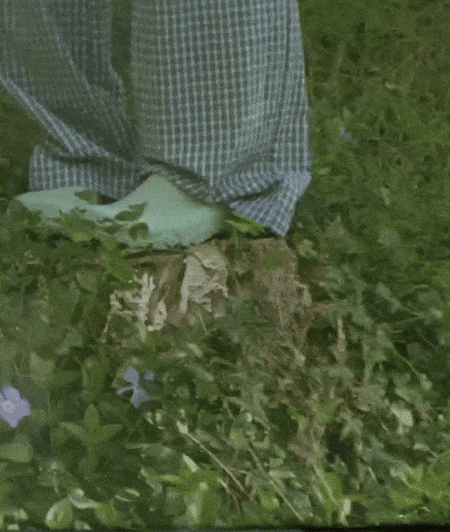a gif of a woman's legs and feet weraing plaid pants and green clogs in the garden.