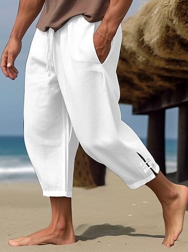 Men's Linen Pants Summer Pants Cropped Pants Beach Pants Drawstring Elastic Waist Plain Comfort Breathable Calf-Length Casual Daily Holiday Linen Cotton Blend Fashion Classic Style Black White
