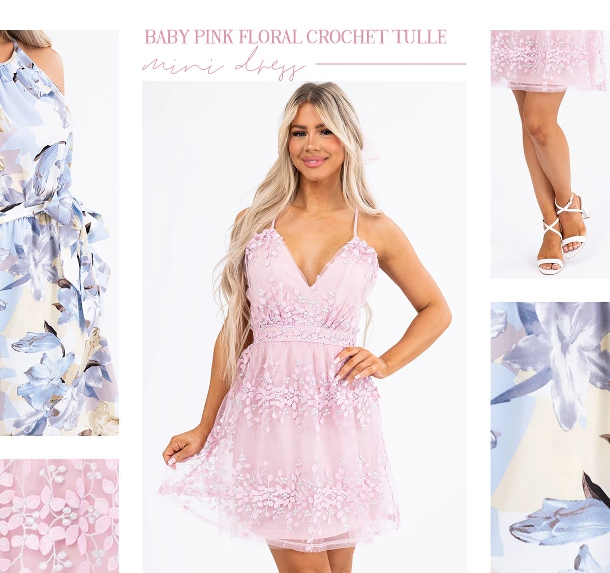 Baby Pink Floral Crochet Tulle Mini Dress