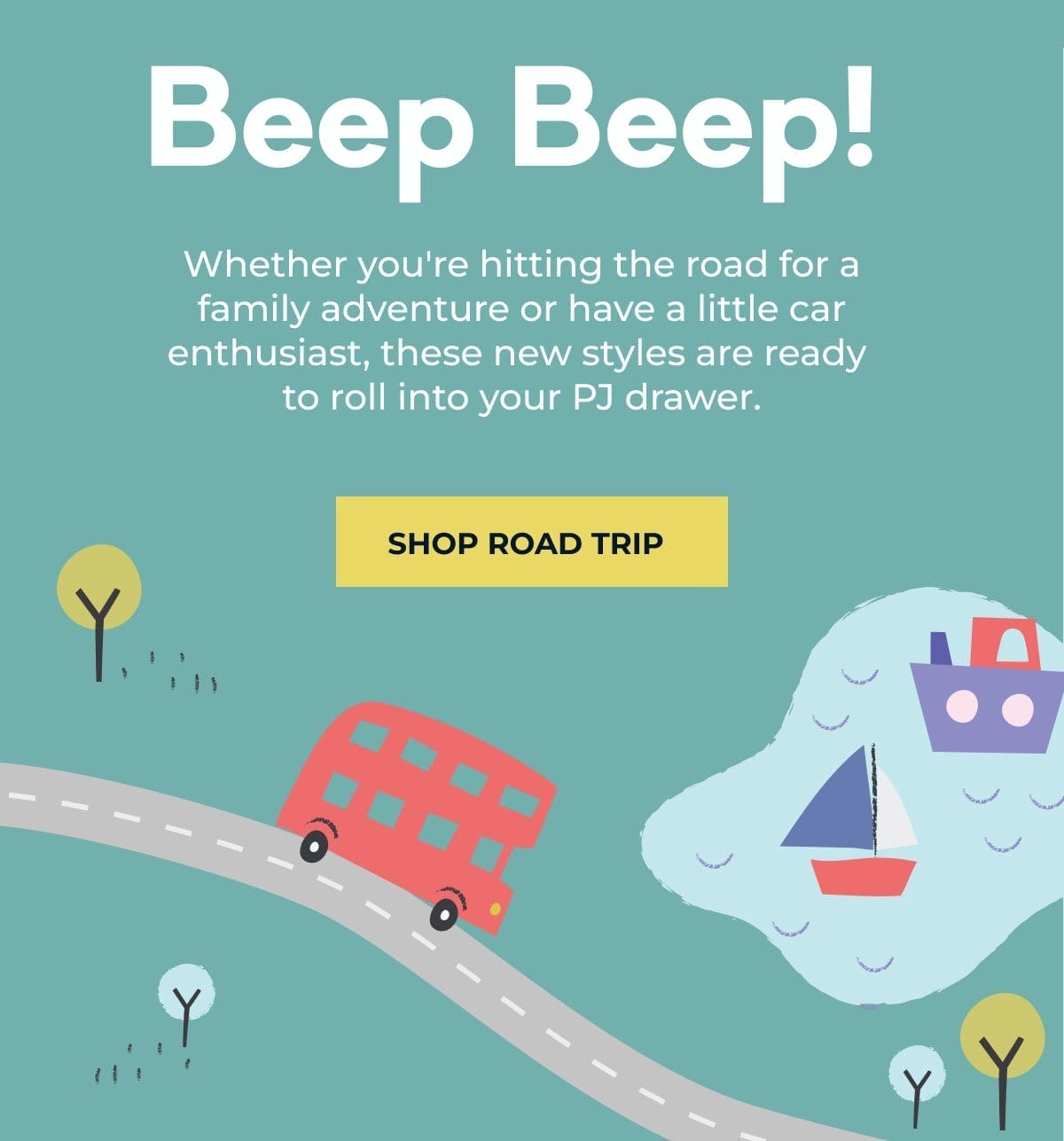 Beep Beep! Whether you're hitting the road for a family adventure or have a little car enthusiast, these new styles are ready to roll into you PJ drawer. | SHOP ROAD TRIP