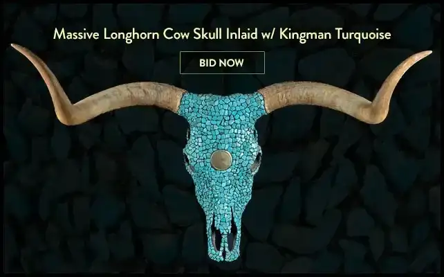 Massive Longhorn Cow Skull Inlaid w/ Kingman Turquoise