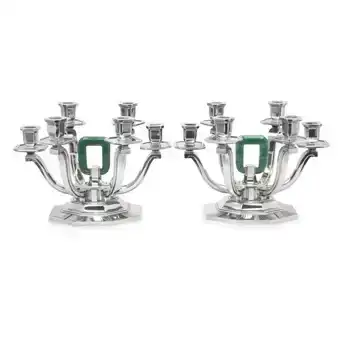 A Pair of French Silver and Aventurine Quartz Six-Light Candelabra