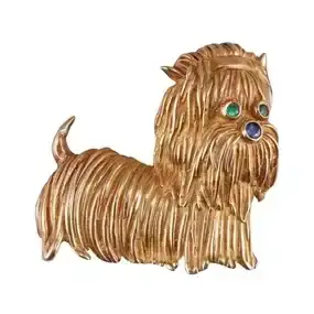 French 18k Gold Sapphire Enamel Yorkie Dog Brooch Pin