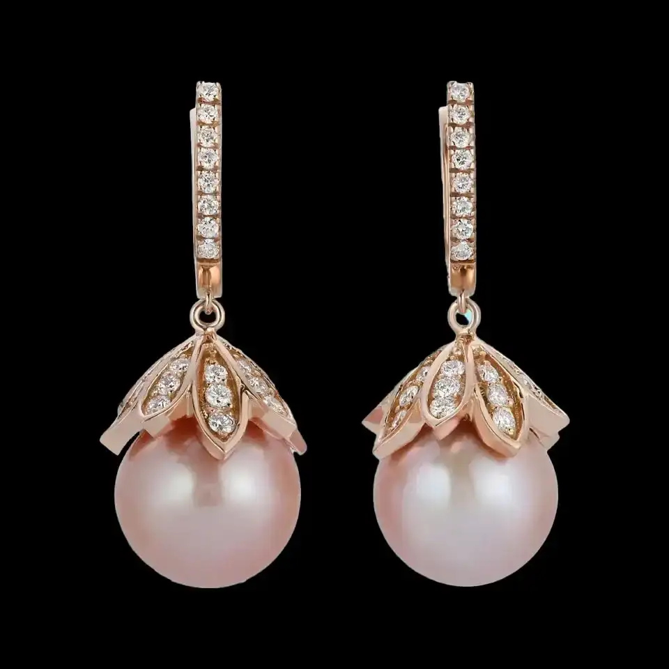 14K Gold 15mm South Sea Pearl & 2.35cts Diamond Earrings