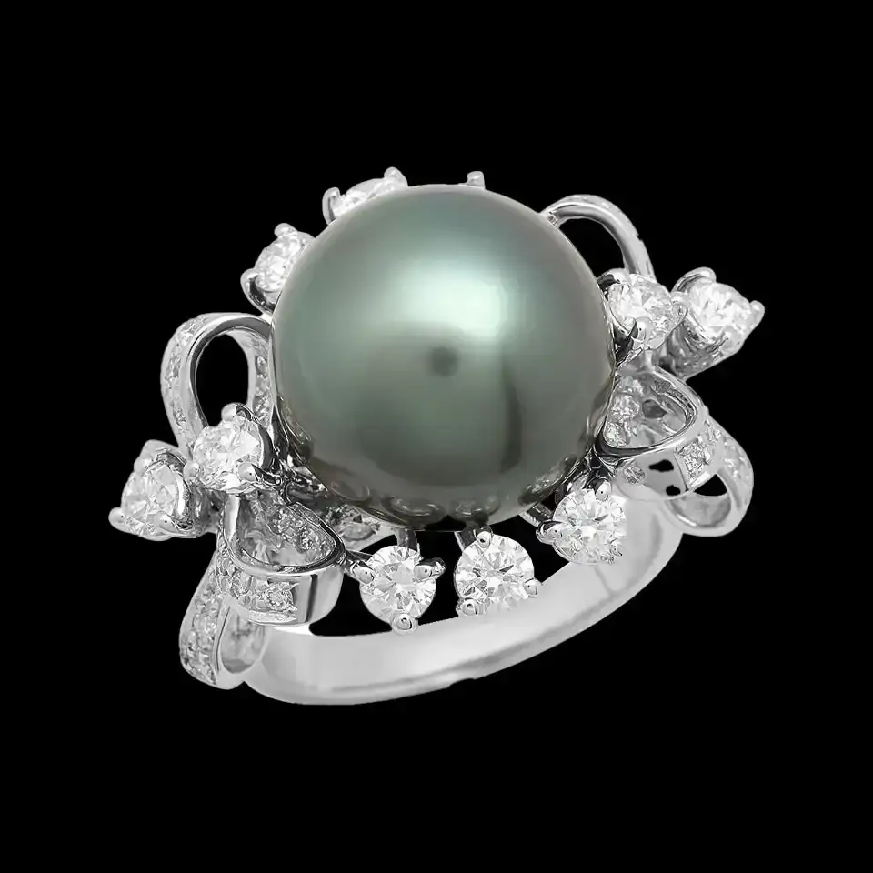 14K Gold 14mm Tahitian Pearl 2.28cts Diamond Ring