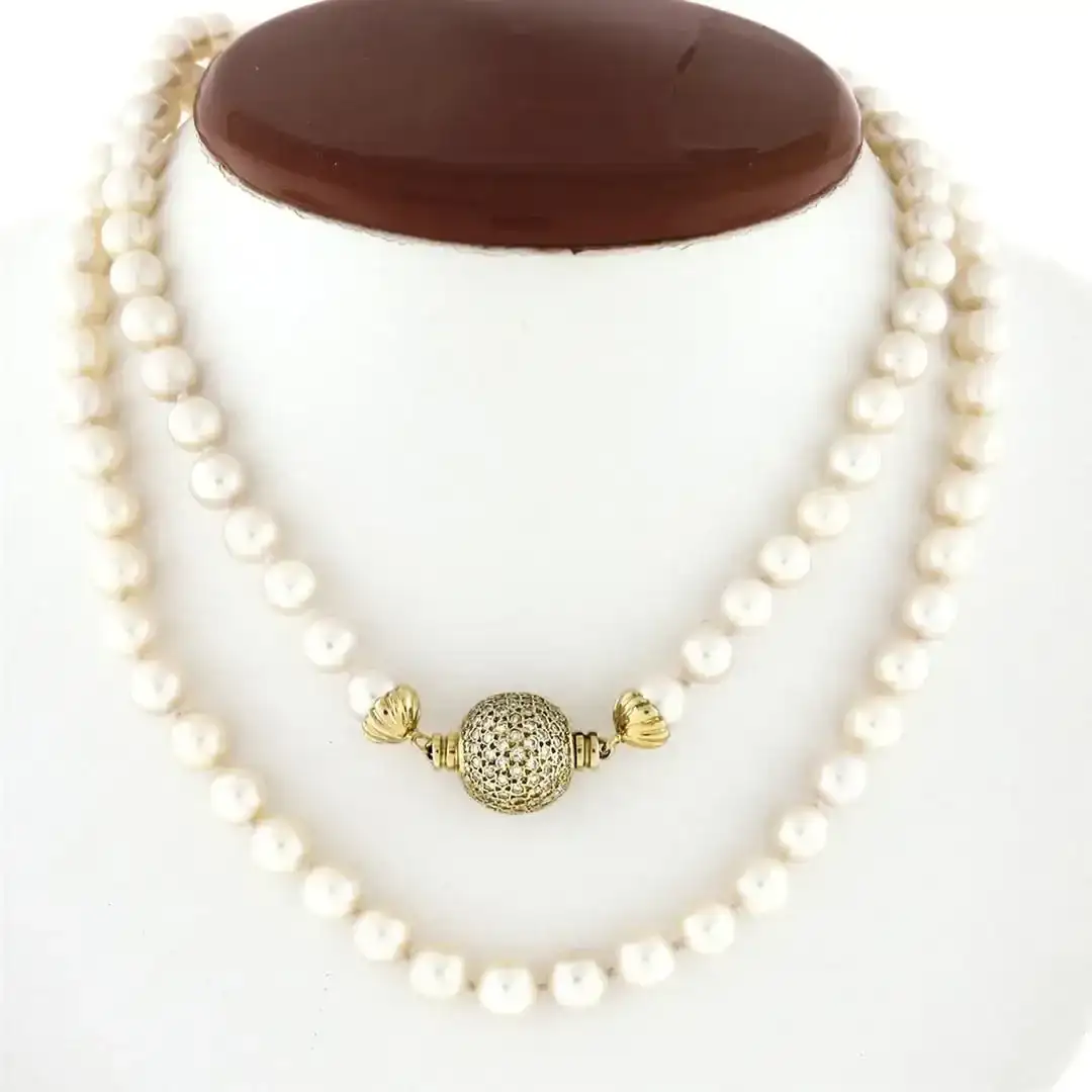 Vintage Long 31" Pearl Strand Necklace with 14K Gold 1.5 ctw Pave Diamond Ball Clasp